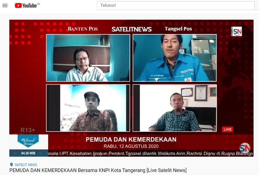 BINCANG PEMUDA: Ketua KNPI Kota Tangerang Uis Adi Dermawan saat menjadi narasumber di acara live streaming Satelit News, Tangsel Pos dan Banten Pos, Rabu (12/8). (YOUTUBE)