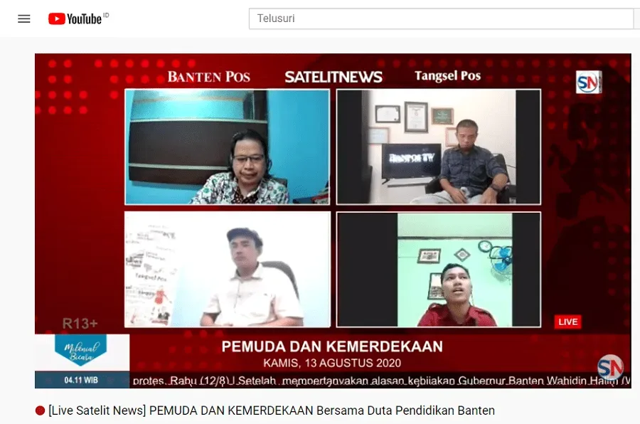 BINCANG MILENIAL: Ketua Ikatan Pendidikan Banten, Iman Maulana saat menjadi narasumber bincang sore live streaming yang digelar koran nomor 1 di Banten, Satelit News, Tangsel Pos dan Banten Pos, Kamis (13/8). (YOUTUBE)