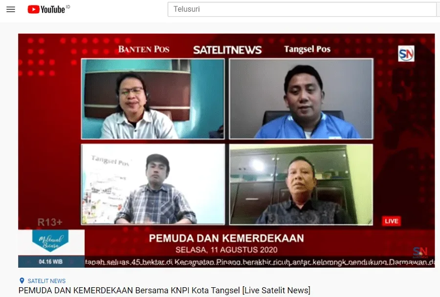 BINCANG PEMUDA: Ketua KNPI Kota Tangerang Selatan Syaifuddin dalam bincang ringan live streaming yang digelar Satelit News, Tangsel Pos dan Banten Pos, Selasa (11/8). (YOUTUBE)