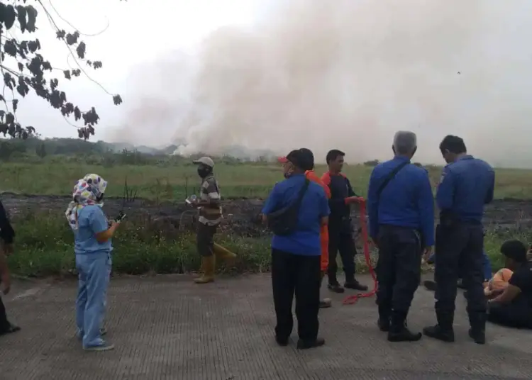 PEMADAMAN–Tim Damkar BPBD Kabupaten Serang, melakukan pemadaman atas kebakaran lahan di wilayah Ciruas, Serang, Rabu (28/7/2021). (ISTIMEWA)