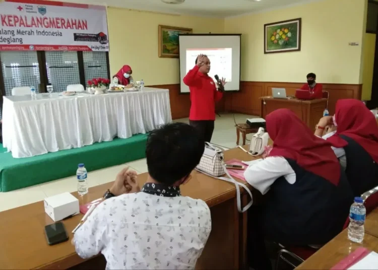 Wakil Ketua Bidang Sarana Prasarana (Sapras), PMR dan Kerelawanan PMI Kabupaten Pandeglang, Nandang Kosim, sedang menyampaikan materi di acara orientasi kepalangmerahan, Rabu (27/10/2021). (ISTIMEWA)