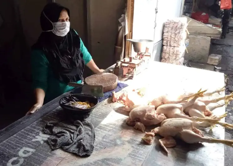 Seorang pedagang ayam potong di salah satu pasar tradisional, di Kabupaten Serang. (DOKUMEN)