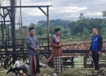 Ketua Komisi I DPRD Kabupaten Serang, Aep Syaefullah (mengenakan kaos Demokrat) mengecek kondisi Ponpes yang terbakar. (ISTIMEWA)