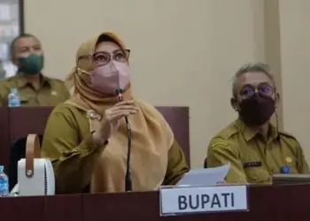 Bupati Pandeglang, Irna Narulita, sedang melaksanakan rakor bersama Pemprov, BMKB, Kabupaten/Kota lainnya, di ruang Pintar Setda Pandeglang, Senin (14/2/2022). (ISTIMEWA)