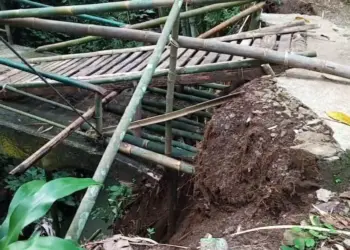 Jembatan alternatif yang digunakan warga Kampung Kebon Cau, Kelurahan Pandeglang, Kecamatan Pandeglang, Kabupaten Pandeglang, ambruk. (ISTIMEWA)