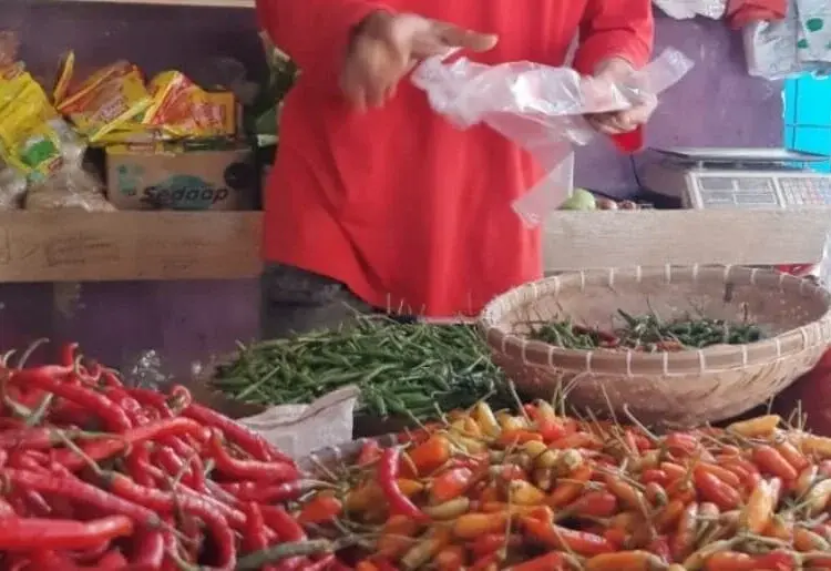 Pedagang bumbu dan sayuran, sedang menjajakan dagangannya di Pasar Pandeglang, Selasa (8/3/2022). (ISTIMEWA)