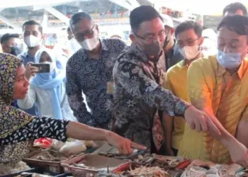 Wagub Banten Andika Hazrumy, mendampingi Wakil Menteri Perdagangan Jerry Sambuaga, saat melakukan sidak ke Pasar Lama, Kota Serang, Kamis (14/4/2022). (ISTIMEWA)