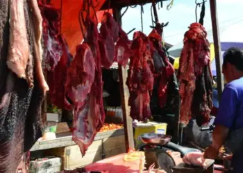 Pedagang daging sapi menjajakan dagangannya, di salah satu pasar di Kabupaten Serang. (ISTIMEWA)