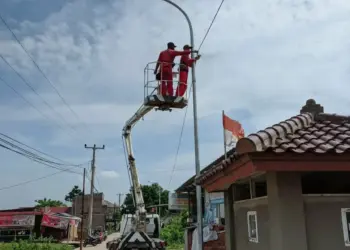 Petugas Dishub Kabupaten Serang, sedang melakukan perawatan lampu PJU. (ISTIMEWA)