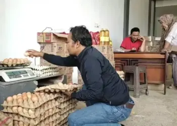 Pembeli telur retak dan pecah, sedang memilah kondisi telur yang bakal dibelinya, Selasa (30/8/2022). (ISTIMEWA)