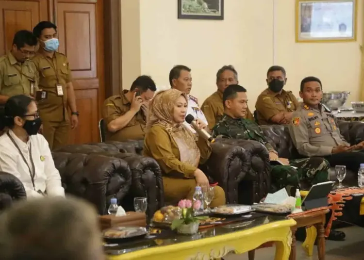 Bupati Pandeglang, Irna Narulita, sedang menyampaikan harapannya soal pembangunan Tol Serang-Panimbang, di Pendopo Pandeglang, Senin (22/8/2022).  (ISTIMEWA)