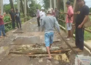 Warga sedang memperbaiki kondisi jembatan di wilayah Kecamatan, Kecamatan Patia, Kabupaten Pandeglang, yang mengalami rusak parah, beberapa waktu lalu. (ISTIMEWA)