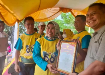 Bupati Serang Ratu Tatu Chasanah, memberikan penghargaan kepada tenaga kesehatan, saat memperingati HKN di Pantai Florida Indah, Cinangka. (ISTIMEWA)