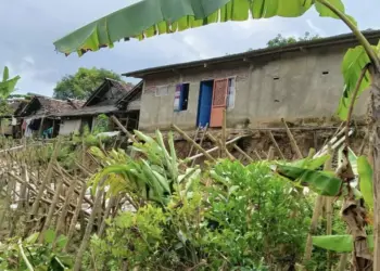 NYARIS AMBRUK TERGERUS LONGSOR–Kondisi rumah warga di bantaran Sungai Cilemer, Desa Bojongmanik, Kecamatan Sindangresmi, Kabupaten Pandeglang, terancam ambruk tergerus longsor, Minggu (12/3/2023). (ISTIMEWA)