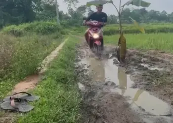 TANGKAPAN LAYAR: Screenshot unggahan video pada media sosial Instagram tentang jalan di Desa Cijuya, Kecamatan Solear yang rusak. Terlihat salah satu pengendara sepeda motor yang terjatuh karena terpeleset saat melintasi jalan yang rusak dan licin penuh lumpur. (ISTIMEWA)