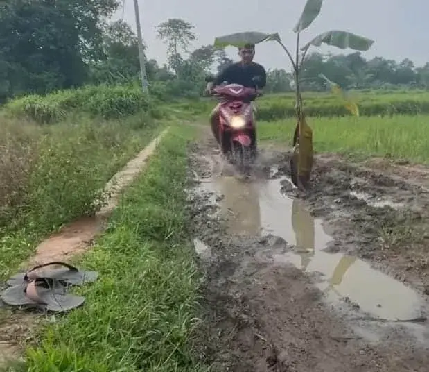 TANGKAPAN LAYAR: Screenshot unggahan video pada media sosial Instagram tentang jalan di Desa Cijuya, Kecamatan Solear yang rusak. Terlihat salah satu pengendara sepeda motor yang terjatuh karena terpeleset saat melintasi jalan yang rusak dan licin penuh lumpur. (ISTIMEWA)