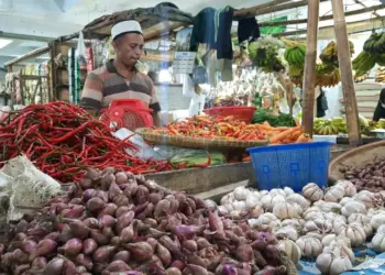 PASAR TIGARAKSA: Situasi di Pasar Tradisional Tigaraksa. Terlihat para pedagang sedang berjualan sayur mayur dan cabai, Selasa (6/6). (ALFIAN HERIANTO)