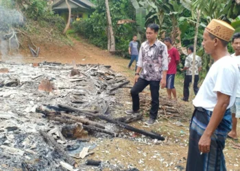 Camat Cisata, Kabupaten Pandeglang, Asep Permana, meninjau lokasi kebakaran, yang dialami warganya, Kamis (8/6/2023). (ISTIMEWA)