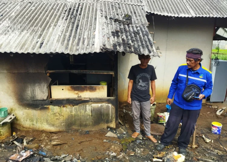 Seorang relawan Taruna Siaga Bencana (Tagana) Pandeglang, meninjau lokasi kebakaran. (ISTIMEWA)