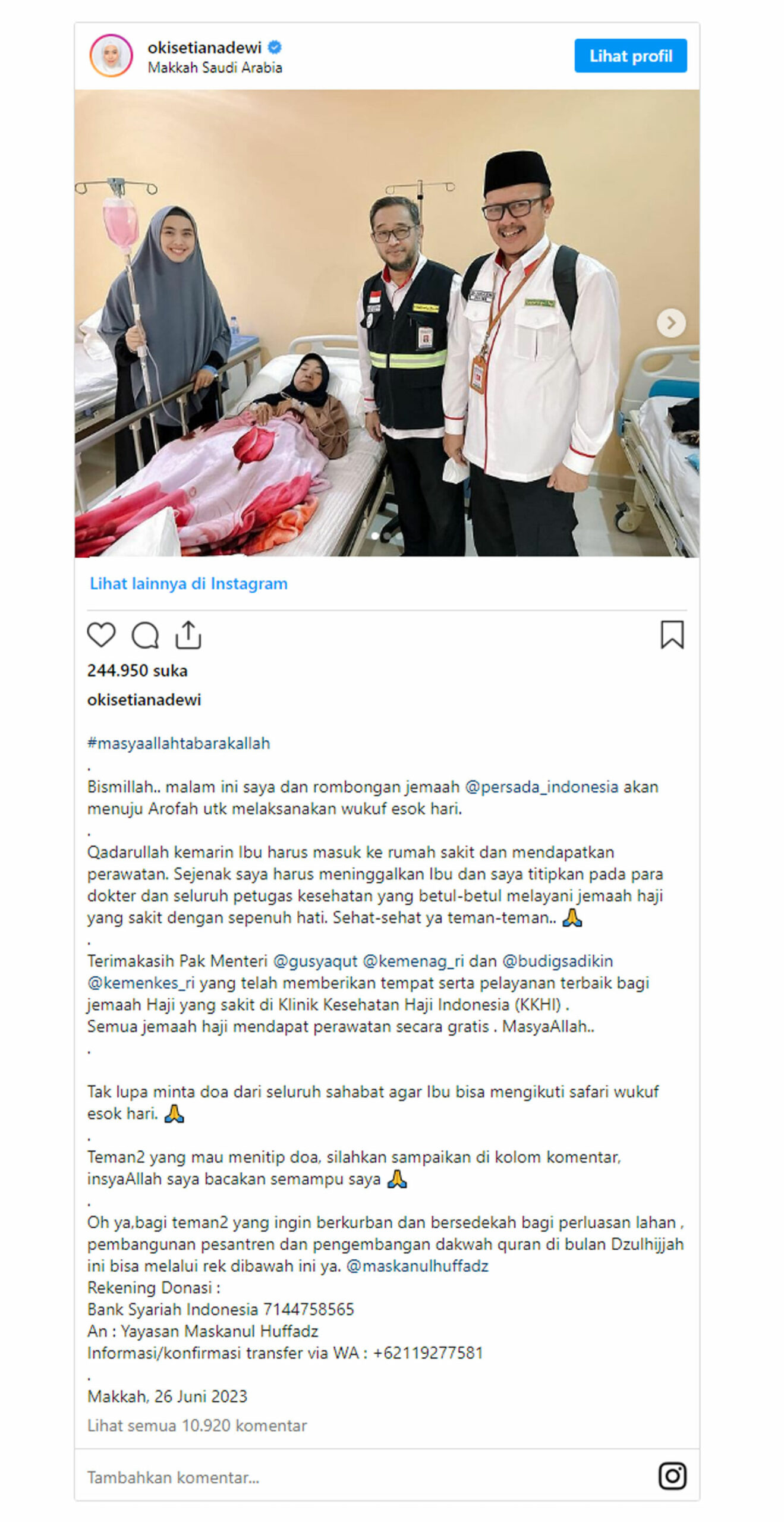 Ibunda Oki Setiana Dewi Dilarikan ke RS di Makkah