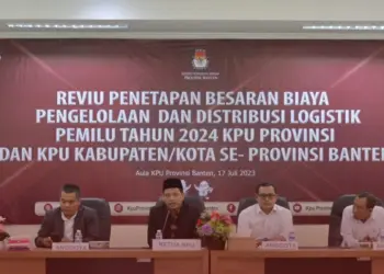 RAKOR: Suasana Rakor antara KPU Banten dan KPU Kabupaten/ Kota se Banten tentang Reviu Penetapan Besaran Biaya Pengelolaan dan Distribusi Logistik Pemilu Tahun 2024, Senin (17/7/2023). (DOK BAWASLU)