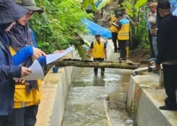 MENINJAU IRIGASI–Pegawai Dinas PUPR Kabupaten Pandeglang, memeriksa irigasi yang sudah selesai dibangun, belum lama ini. (ISTIMEWA)