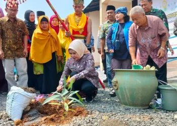 Bupati Serang Ratu Tatu Chasanah, melakukan penanaman pohon, saat membuka festival OMS Kabupaten Serang, di Kecamatan Padarincang, Kamis (13/7/2023). (SIDIK/SATELITNEWS.COM)