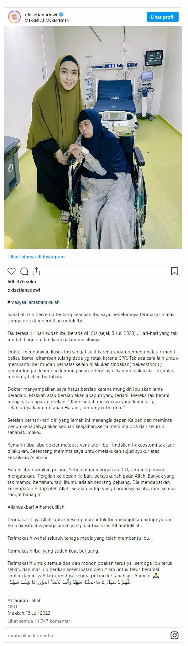 Sempat Henti Napas dan Koma, Kini Ibunda Oki Setiana Dewi Boleh Pulang dari RS di Makkah 