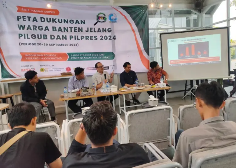 Rilis temuan survei, peta dukungan warga Banten jelang Pilgub dan Pilpres, Jumat (13/10/2023). (ISTIMEWA)