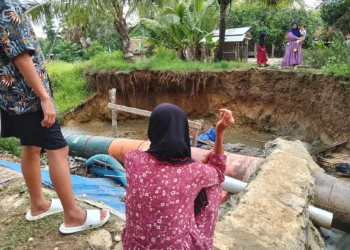 Saluran irigasi di Desa Parung Kokosan, Kecamatan Cikeusik, Kabupaten Pandeglang, ambrol. (ISTIMEWA)