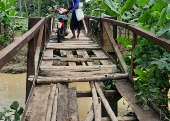 Jembatan penghubung Desa di Kecamatan Patia, Kabupaten Pandeglang, rusak diterjang banjir, Senin (5/2/2024). (ISTIMEWA)