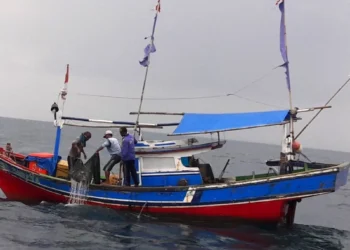 Nelayan Teluk, Kecamatan Labuan, Kabupaten Pandeglang, menangkap ikan menggunakan perahu arad, Kamis (22/2/2024). (ADIB/SATELITNEWS.COM)