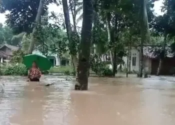 Warga Desa Idaman berjalan di tengah banjir. (iSTIMEWA)