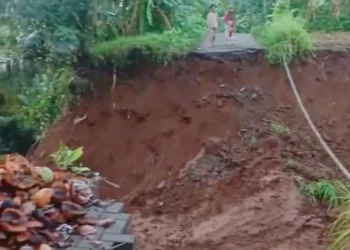 JALAN PUTUS - Diduga akibat curah hujan tinggi dan mengguyur beberapa hari, di wilayah Menes, Kabupaten Pandeglang dan sekitarnya. Berakibat terjadinya longsor, di ruas jalan penghubung Desa, di Desa Cilaban Bulan, Kecamatan Menes, Kabupaten Pandeglang, Senin (11/3/2024) dini hari. (ISTIMEWA)