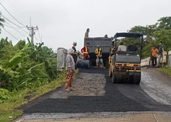 Ruas jalan di Kabupaten Pandeglang - Labuan, yang merupakan kewenangan Pemprov Banten, tampak sedang diperbaiki, beberapa waktu lalu. (ADIB FAHRIE/SATELITNEWS.COM)