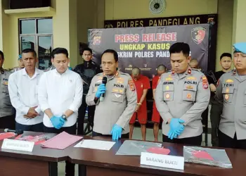 Kapolres Pandeglang AKBP Oki Bagus Setiaji (memegang mic) menyampaikan informasi kasus pencurian kerbau. (ADIB FAHRIE/SATELITNEWS.COM)