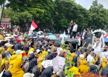 Ribuan tenaga honorer dari berbagai Organisasi Perangkat Daerah (OPD) di lingkungan Pemerintah Kabupaten (Pemkab) Serang, melakukan aksi unjuk rasa di depan Pendopo Bupati Serang, Rabu (15/1/2025). Dalam aksinya, mereka menuntut kepastian pengangkatan PPPK. (SIDIK/SATELITNEWS.COM)